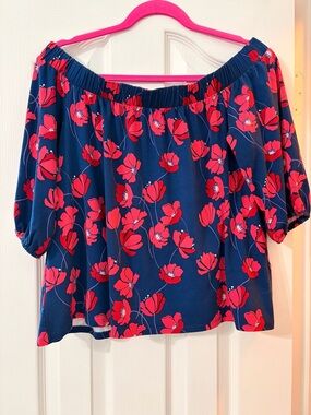 Market & Spruce Navy Off-Shoulder Top with Red Floral Print